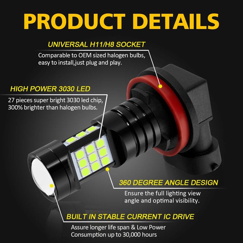 AUXLIGHT مصابيح ضباب LED H11 DRL، 2400 لومن ساطعة للغاية بديل لمصابيح H8 H11LL H8LL H16 (نموذج ياباني) للسيارات والشاحنات، أزرق جليدي - Image 4